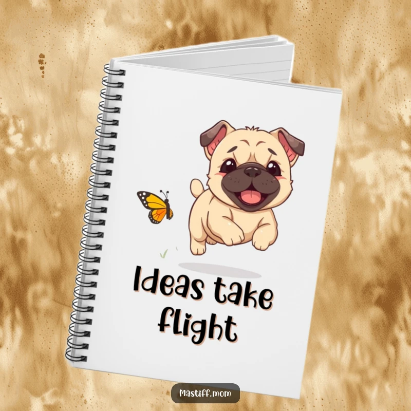 Funny Kawaii Mastiff puppy joyfully chasing a tiny butterfly, on the cover of a notebook, ideal for funny gift.
