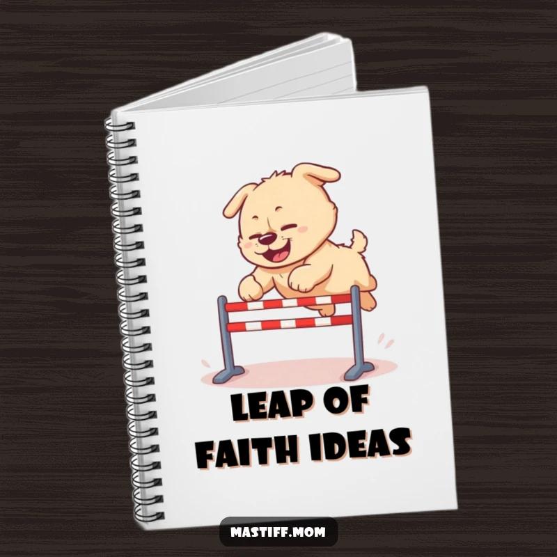 Funny Kawaii Mastiff notebook, featuring a dog in a clumsy, joyous leap over a hurdle, perfect for capturing inspired thoughts.