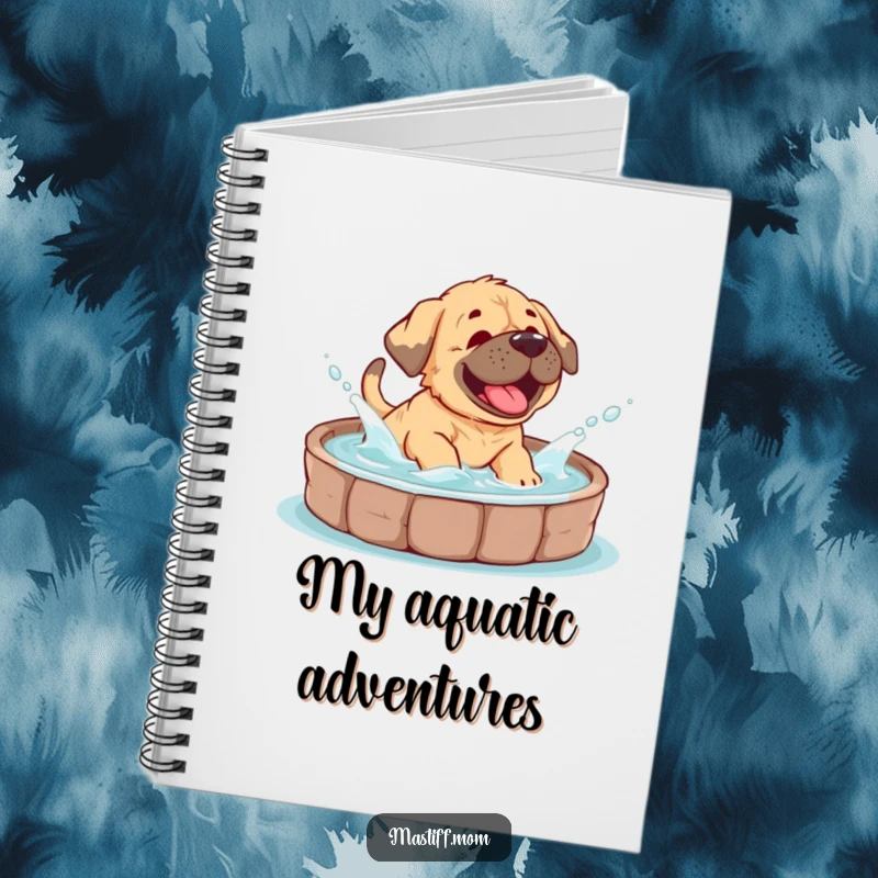 Funny Mastiff cub notebook featuring a happy puppy giggling and splashing in water, perfect for creative brainstorming.