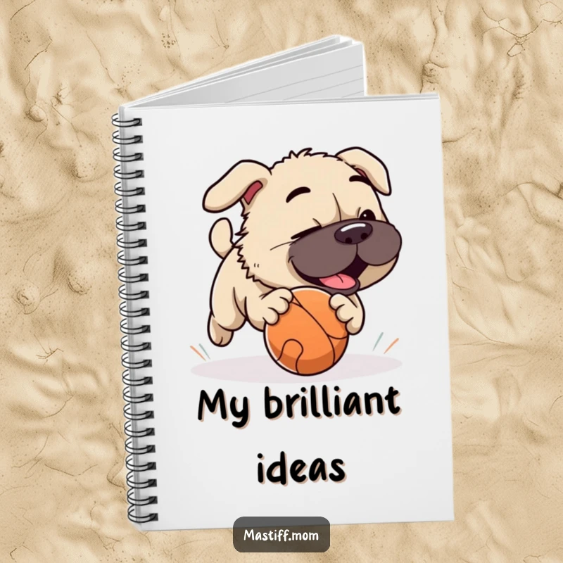 Funny Mastiff dog playfully chasing a rolling ball, perfect for jotting down ideas in a notebook.