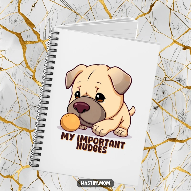 Funny Kawaii Mastiff notebook, a cute journal with a cute big dog gently nudging a small object, perfect for notes.