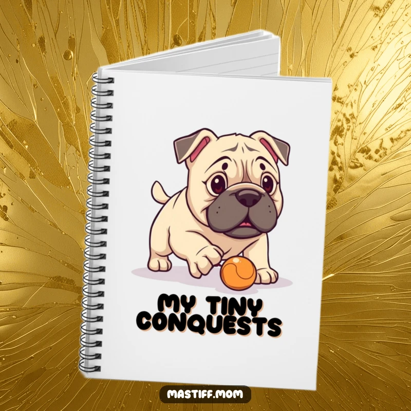 Funny Kawaii Mastiff Notebook, perfect for jotting ideas, shows a Mastiff's funny fetch attempt with a tiny ball. Humorous and practical stationery.