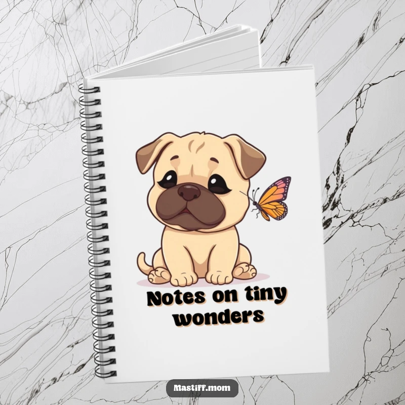 Funny Mastiff Notebook featuring a dog’s comical look of amazement at a small butterfly. Great for journaling and notes.
