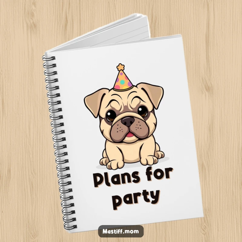 Funny Kawaii Mastiff Puppy Notebook cover featuring a happy puppy wearing a tiny, slightly crooked party hat.