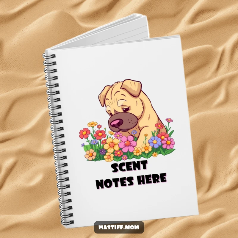 Funny Kawaii Mastiff Notebook: Adorable dog curiously sniffing colorful flowers, ideal for jotting notes with a humorous touch.