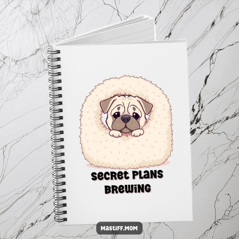 Funny Kawaii Mastiff notebook featuring a curious dog peeking from behind a fluffy blanket, ideal for note-taking and journaling.