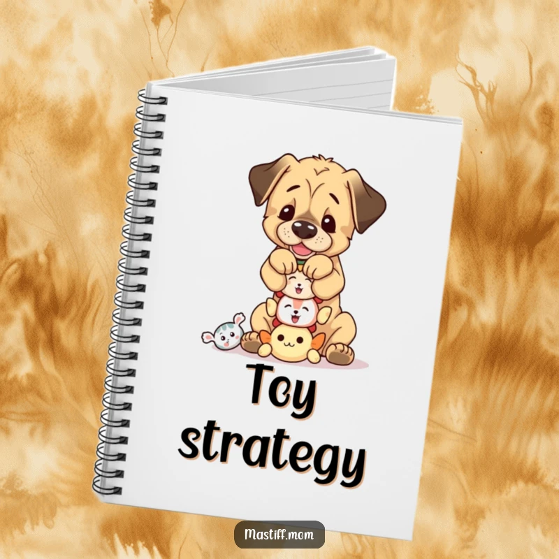 Funny, playful Mastiff cub balancing a stack of tiny squeaky toys, ready for notes and ideas in a fun notebook.
