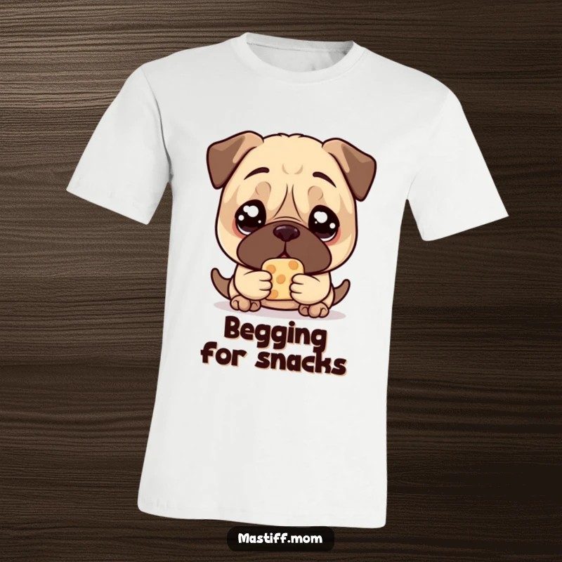 Funny Mastiff Treat T-Shirt, depicting a kawaii mastiff with large, pleading eyes, holding a single treat, impossible to resist.