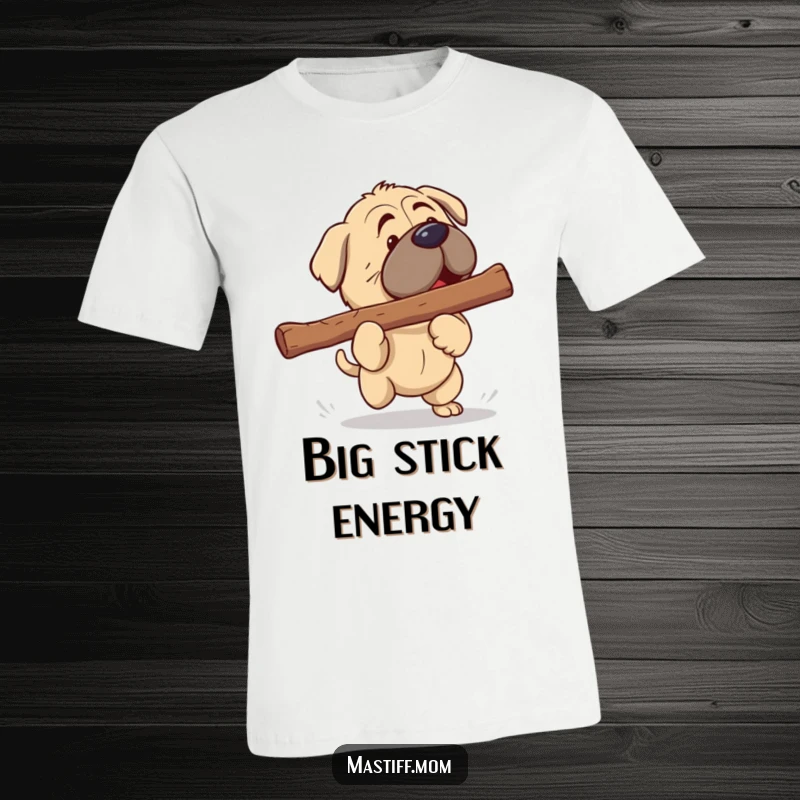Funny Mastiff T-Shirt: Cute kawaii Mastiff in mid-fetch with a comically large stick, radiating pure joy.