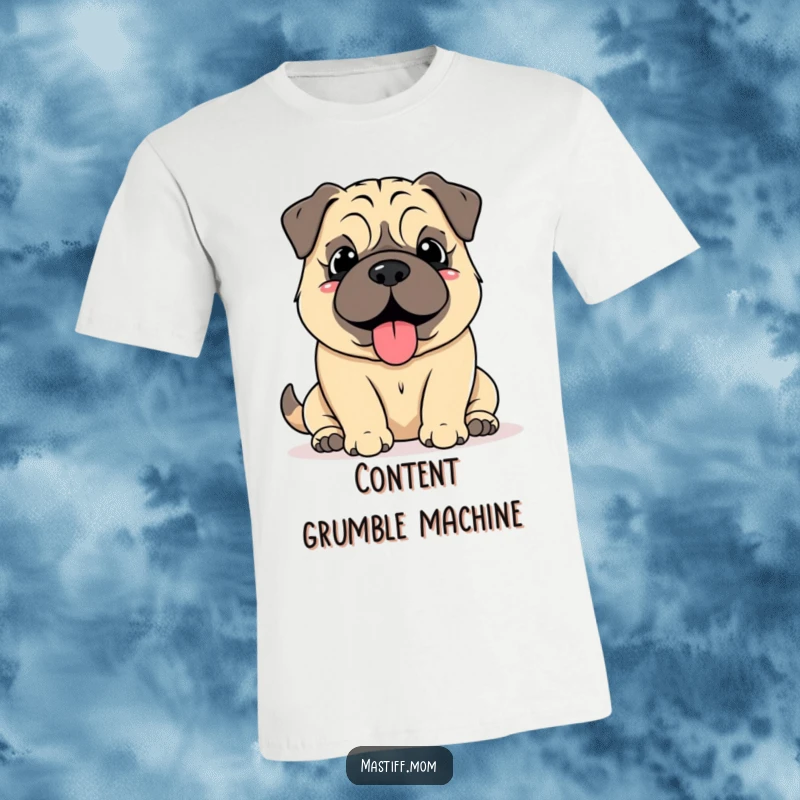 Funny Mastiff Grumble T-Shirt, depicting a kawaii mastiff with a soft, happy grumble, conveying deep contentment, great for casual wear.