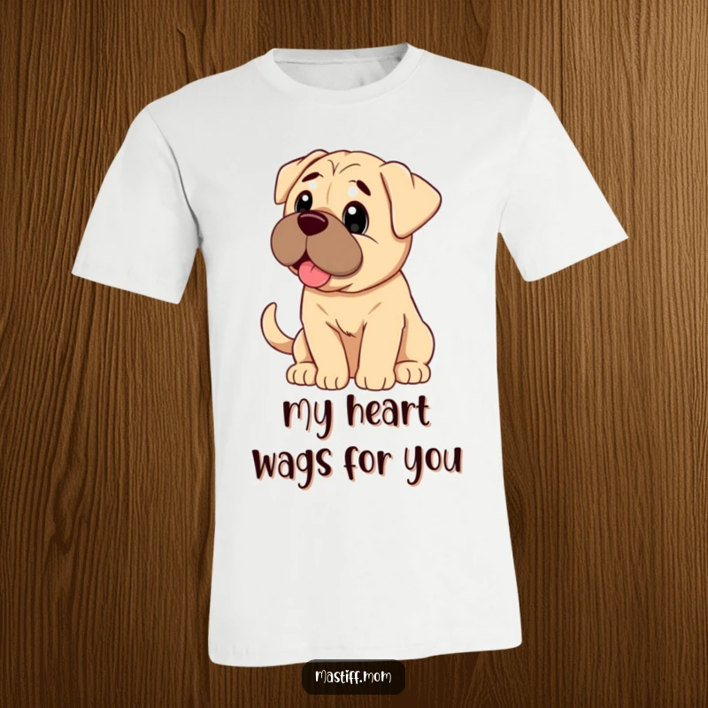 Funny Mastiff dog looking with pure adoration and a wagging tail, printed on a comfortable t-shirt.
