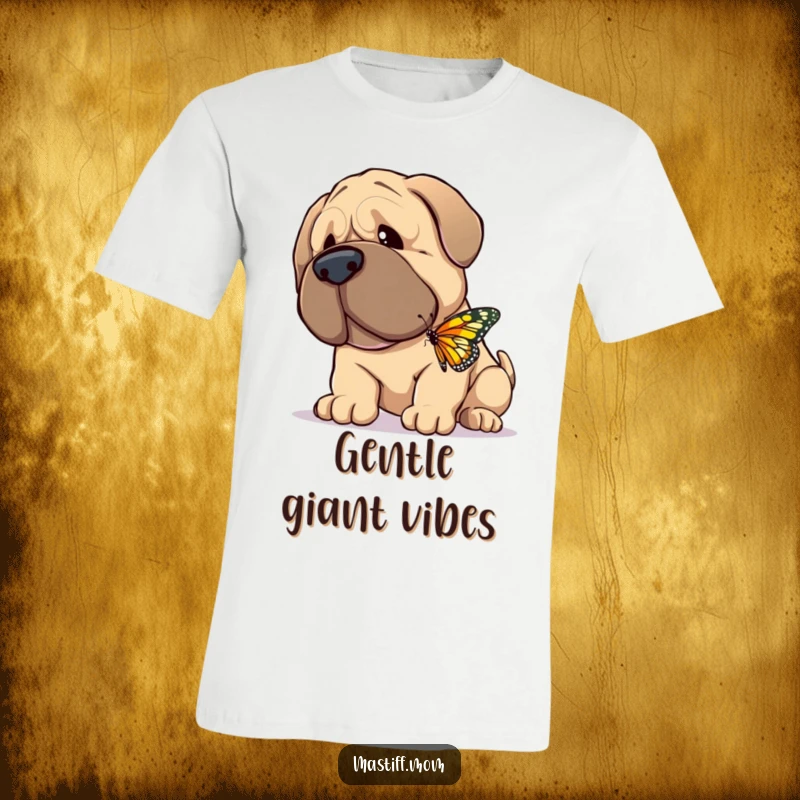 Funny T-Shirt depicting a giant, gentle Mastiff happily nuzzling a tiny, fluttering butterfly, embodying pure, sweet affection.