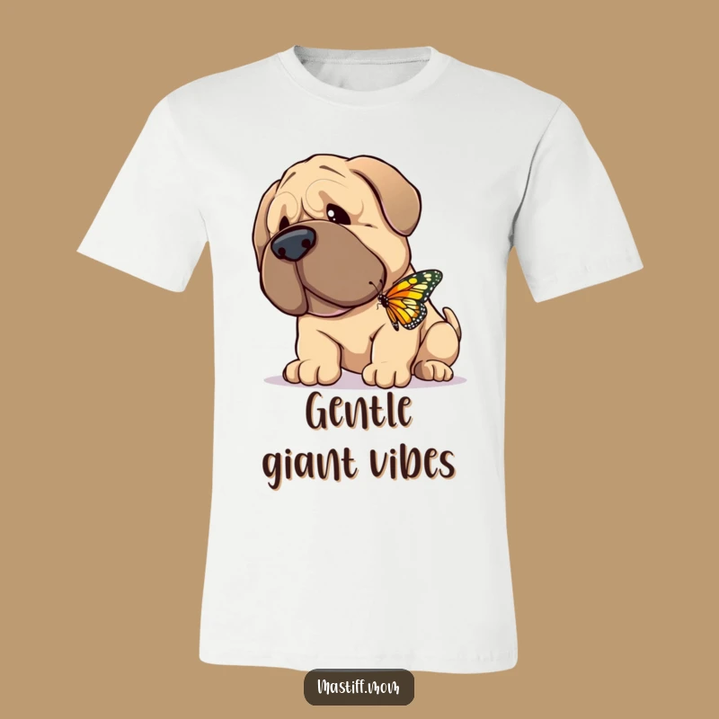 Funny Gentle Mastiff T-Shirt: Giant Dog Nuzzling Butterfly Tee for Kind Hearts