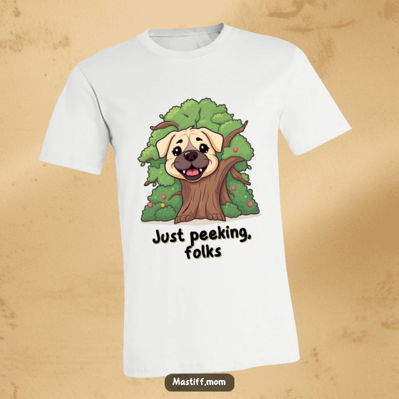 Funny happy Mastiff dog t-shirt, depicting a Mastiff playfully peeking from behind a large, happy tree.