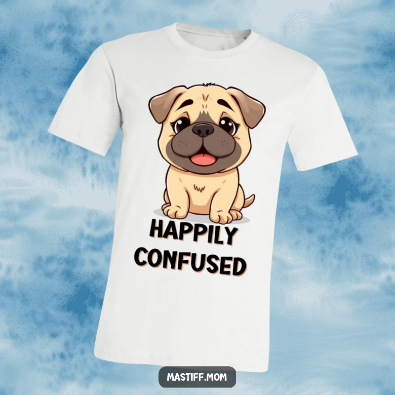 Funny kawaii Mastiff t-shirt featuring a dog with a slightly bewildered but happy look, capturing an endearing and comical expression.