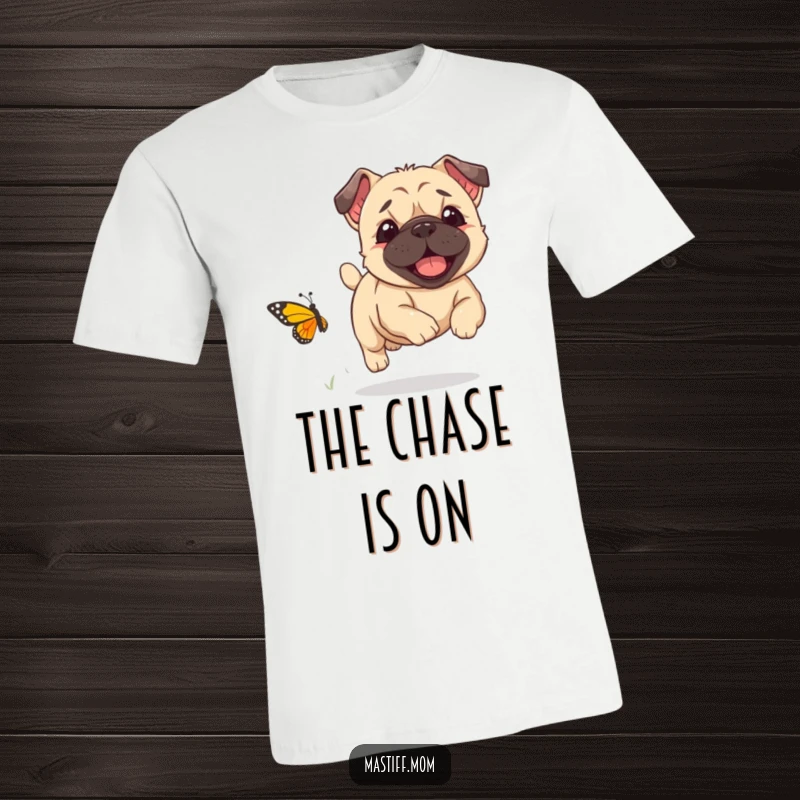 Funny Kawaii Mastiff puppy joyfully chasing a tiny butterfly, depicted in a fun t-shirt, a great funny gift.