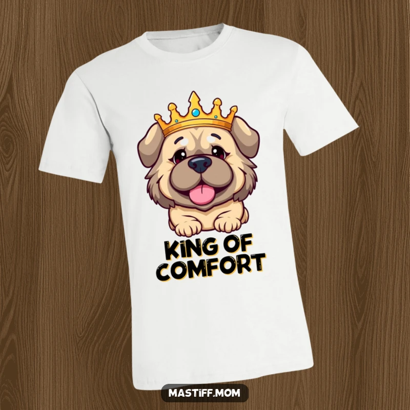 Funny Kawaii Mastiff t-shirt, depicting a dog wearing a crown with a regally amused expression, embodying playful sovereignty.