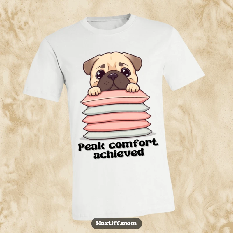 Funny Kawaii Mastiff peeking over a ridiculously tall stack of cushions, captured in a fun t-shirt, a great funny gift.