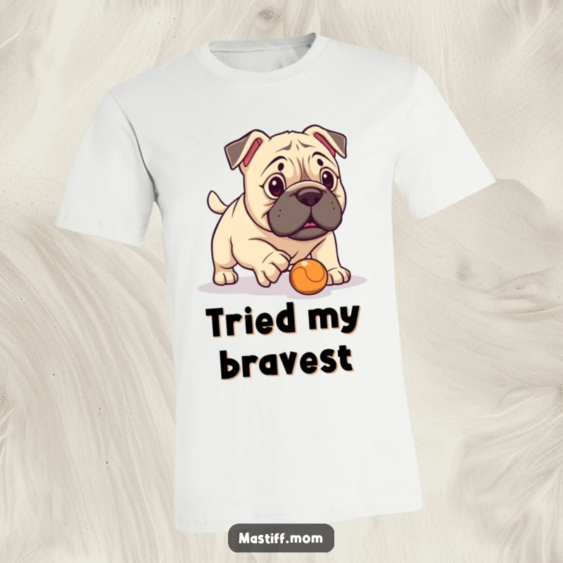 Funny Kawaii Mastiff T-Shirt, hilariously failing at fetch with a minuscule ball, perfect for gentle giant owners. A humorous and comfortable shirt.