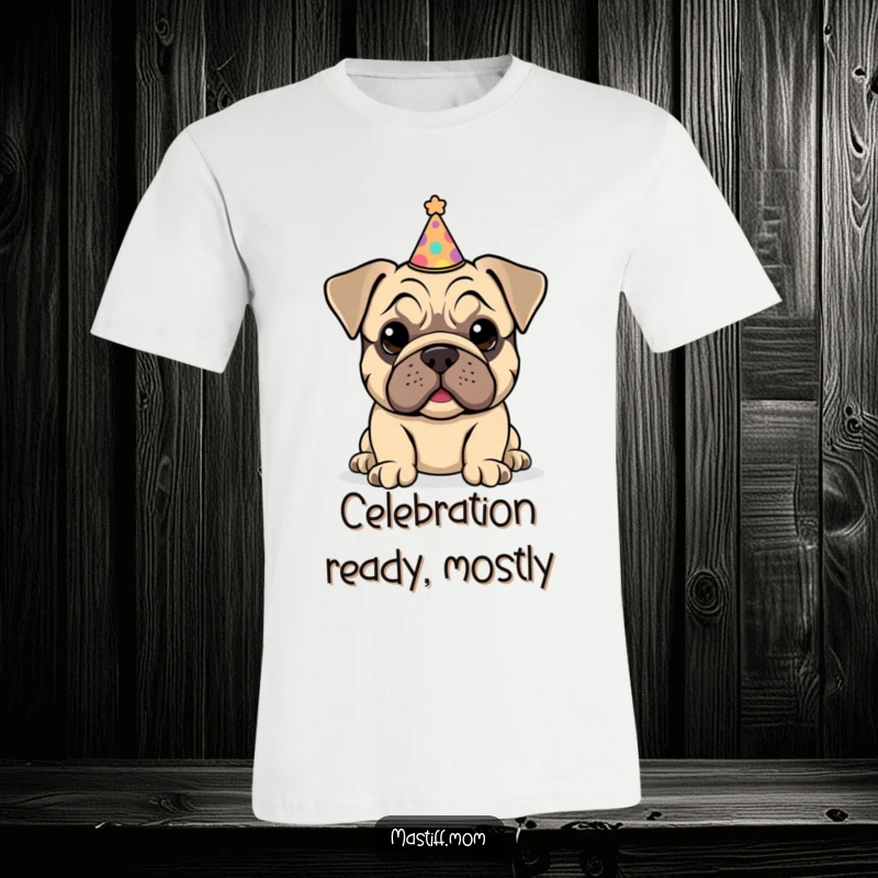 Funny Kawaii Mastiff Puppy T-Shirt design of a happy puppy proudly wearing a small, slightly crooked party hat.
