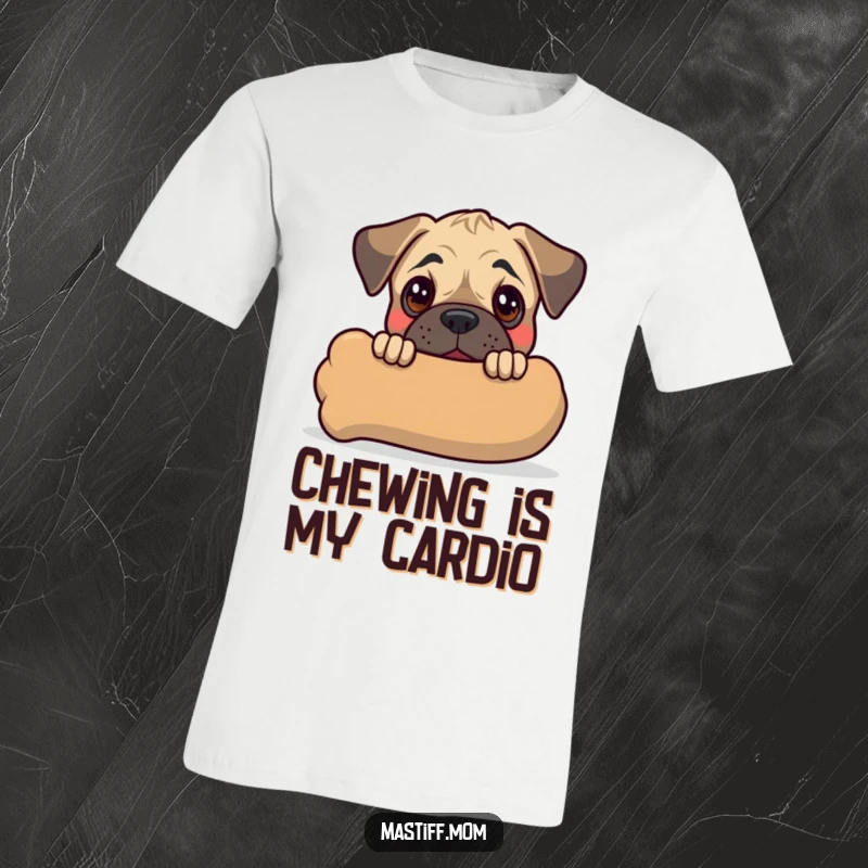 Funny Kawaii Mastiff Puppy T-Shirt showing a happy dog peeking from behind a giant chew toy, radiating pure puppy joy.