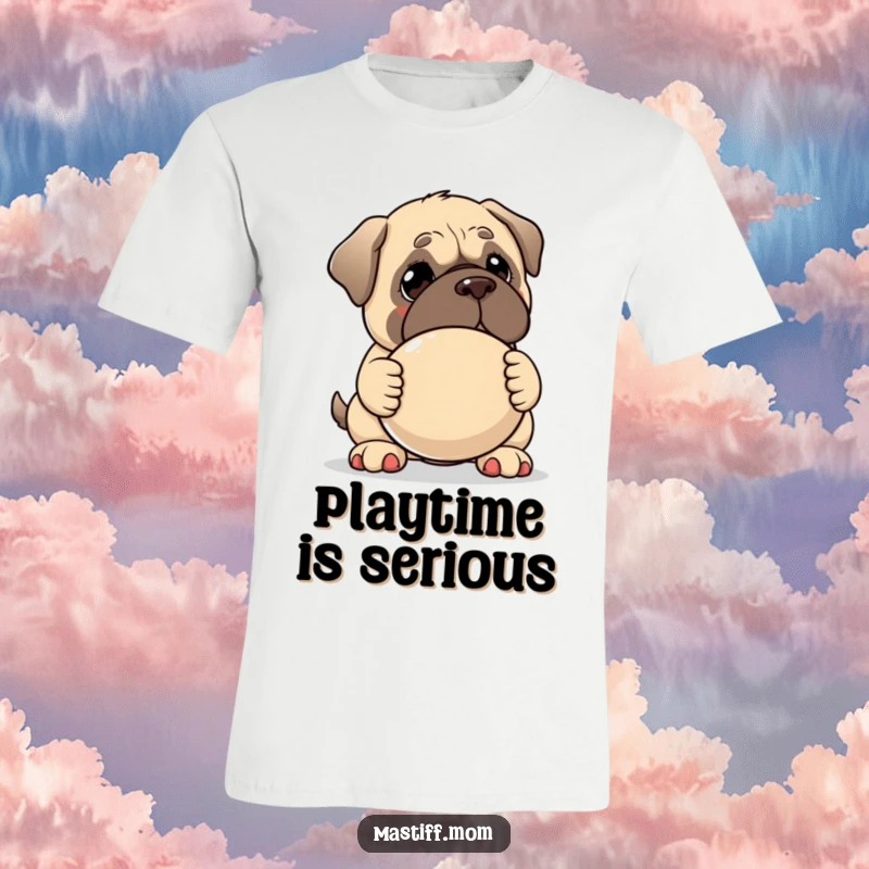 Funny Kawaii Mastiff t-shirt, designed with a gentle-looking dog offering a huge squeaky toy, symbolizing kindness and fun.