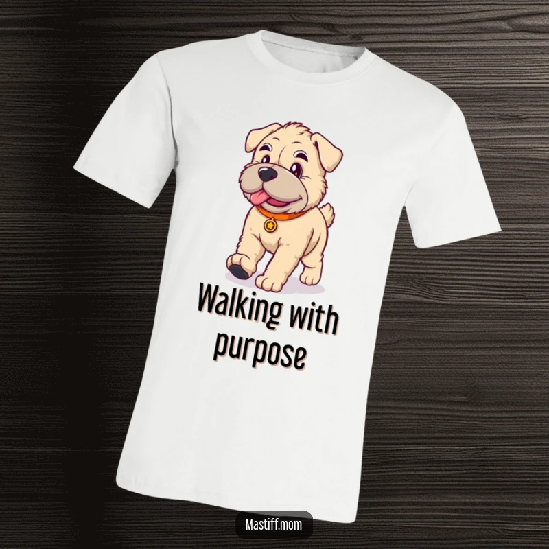 Funny kawaii Mastiff dog t-shirt, showcasing a cute Mastiff walking with a funny, dignified, and stylish gait.