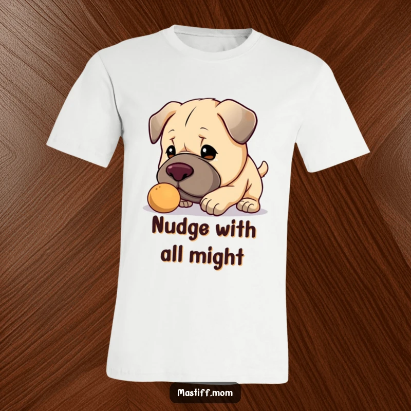 Funny Kawaii Mastiff T-shirt, featuring a cute big dog gently nudging a small object with its large nose, showing kindness.