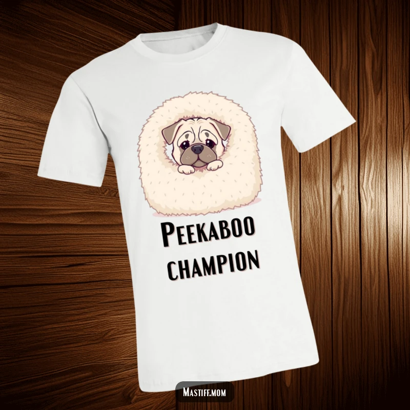 Funny Kawaii Mastiff t-shirt depicting a curious dog peeking inquisitively from behind an enormous, soft, fluffy blanket.