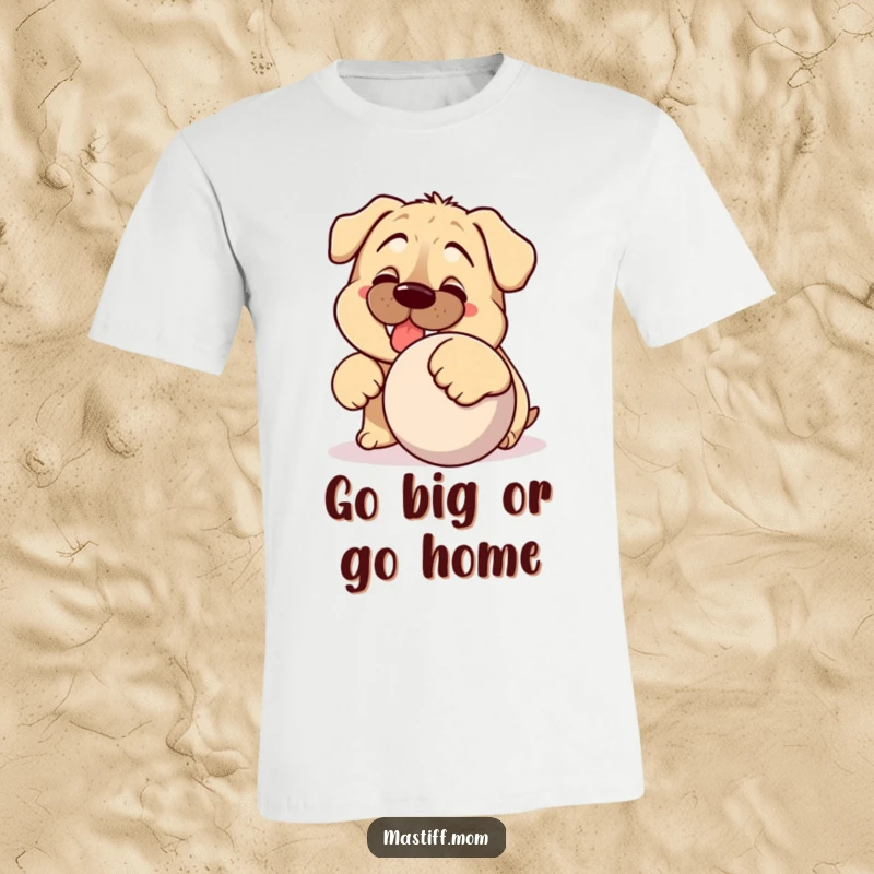 Funny Kawaii Mastiff t-shirt, displaying a silly dog's joyful grin while pushing a large ball, ideal for humor.