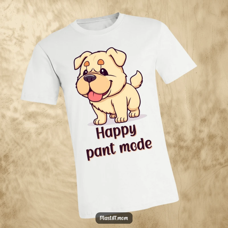 Funny Kawaii Mastiff t-shirt, showing a dog happily panting and wagging its tail vigorously, conveying infectious energetic delight.