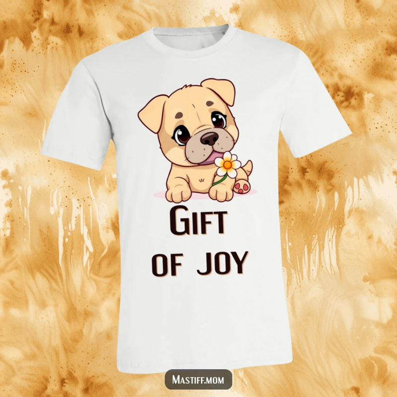 Funny Mastiff t-shirt with a playful dog having kind eyes, delicately offering a vibrant flower.