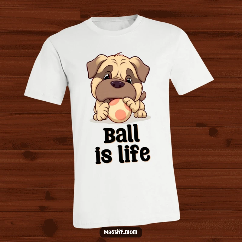Funny large Mastiff character t-shirt playfully nudging a bouncy ball, capturing the pure fun of playtime for dog enthusiasts.
