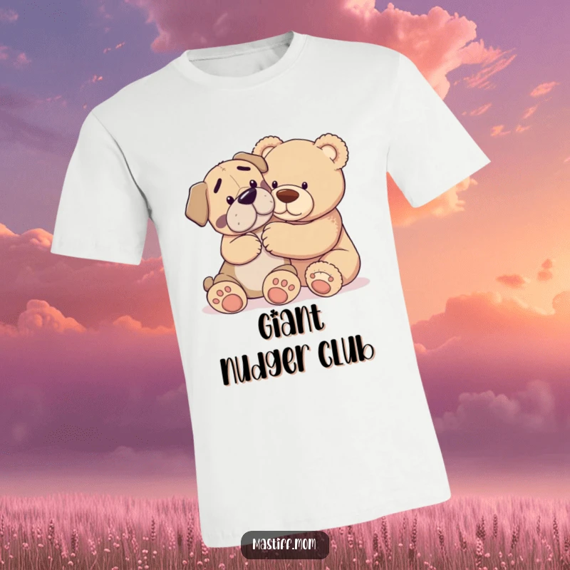 Funny T-shirt depicting a Mastiff dog gently nudging a giant teddy bear, highlighting sweet interactions and canine affection.