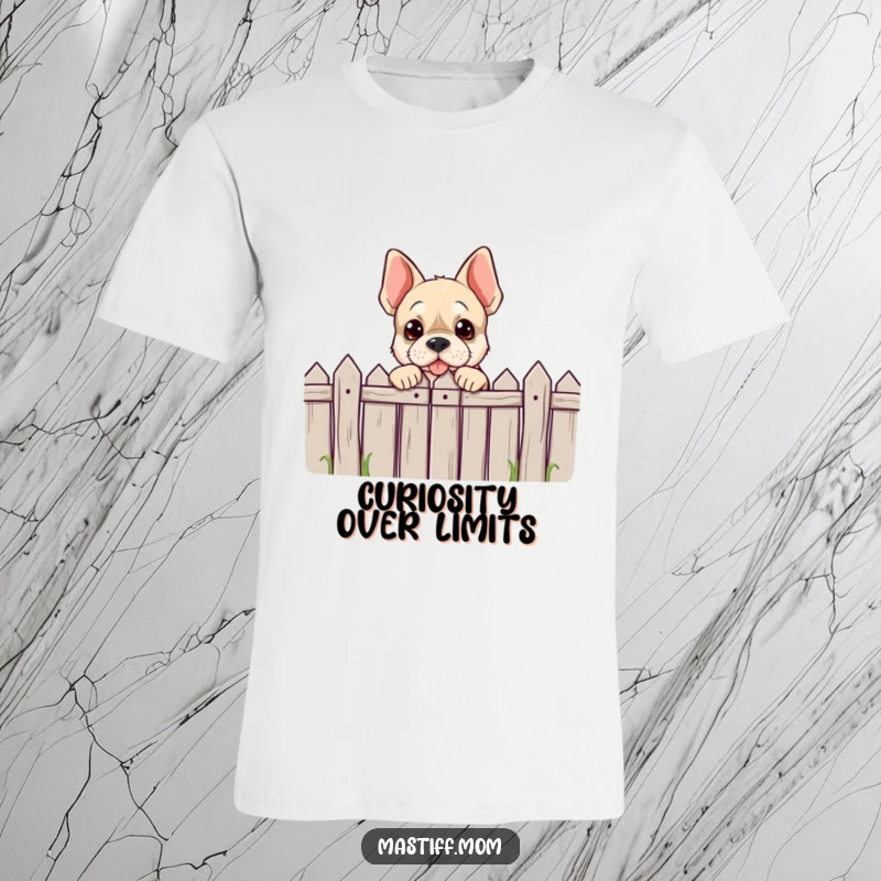 Funny Mastiff character t-shirt playfully peeking over a comically low fence, capturing curiosity and a mischievous spirit.