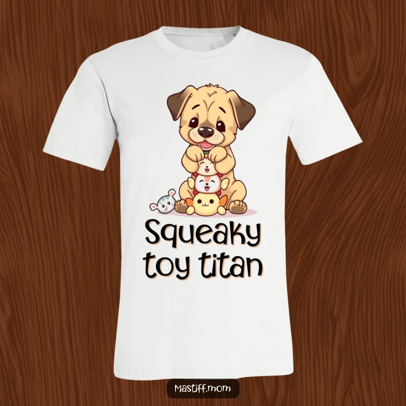 Funny, playful Mastiff cub balancing a tower of tiny squeaky toys, a humorous t-shirt design.