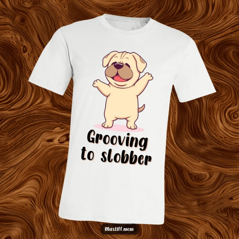 Funny Mastiff Dance T-Shirt, showing a kawaii mastiff grooving happily with its ears down, perfect for expressing joy and humor.