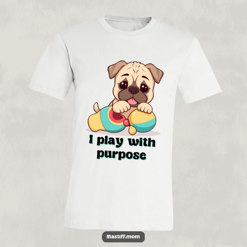 Funny Kawaii Mastiff Puppy T-Shirt showing a cute dog playfully nudging a toy, a heartwarming design.