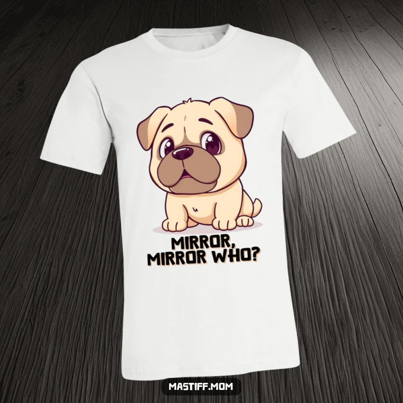 Funny Kawaii Mastiff T-Shirt, captured in surprise looking at its reflection, perfect for owners of dramatic pups. A humorous and comfortable shirt.