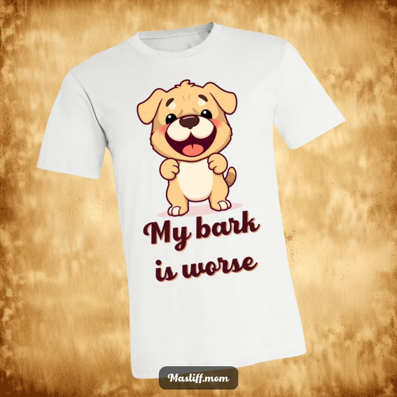 Funny Mastiff T-Shirt with a cute, joyful, and protective Mastiff character striking a loyal pose.