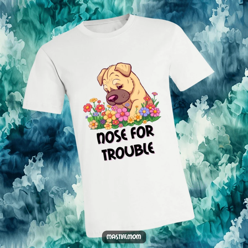 Funny Kawaii Mastiff T-Shirt: Sweet dog curiously sniffing colorful flowers, showcasing a playful and humorous personality.