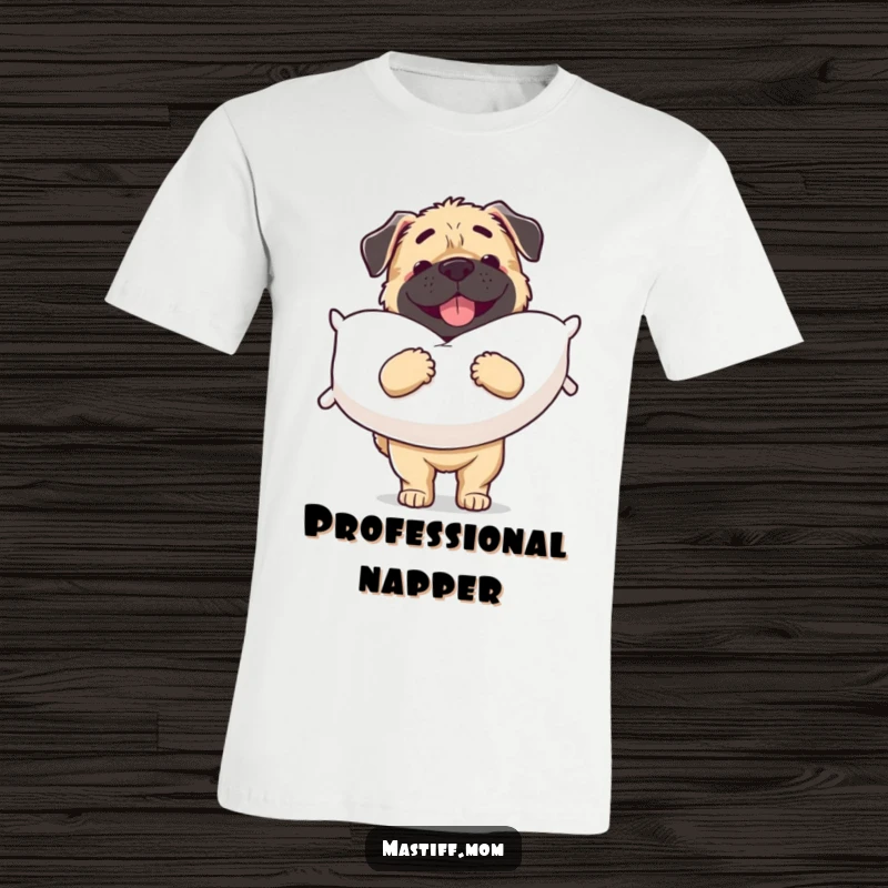 Funny Mastiff t-shirt showcasng a joyful dog heroically carrying a giant, plush pillow, ready for naptime.