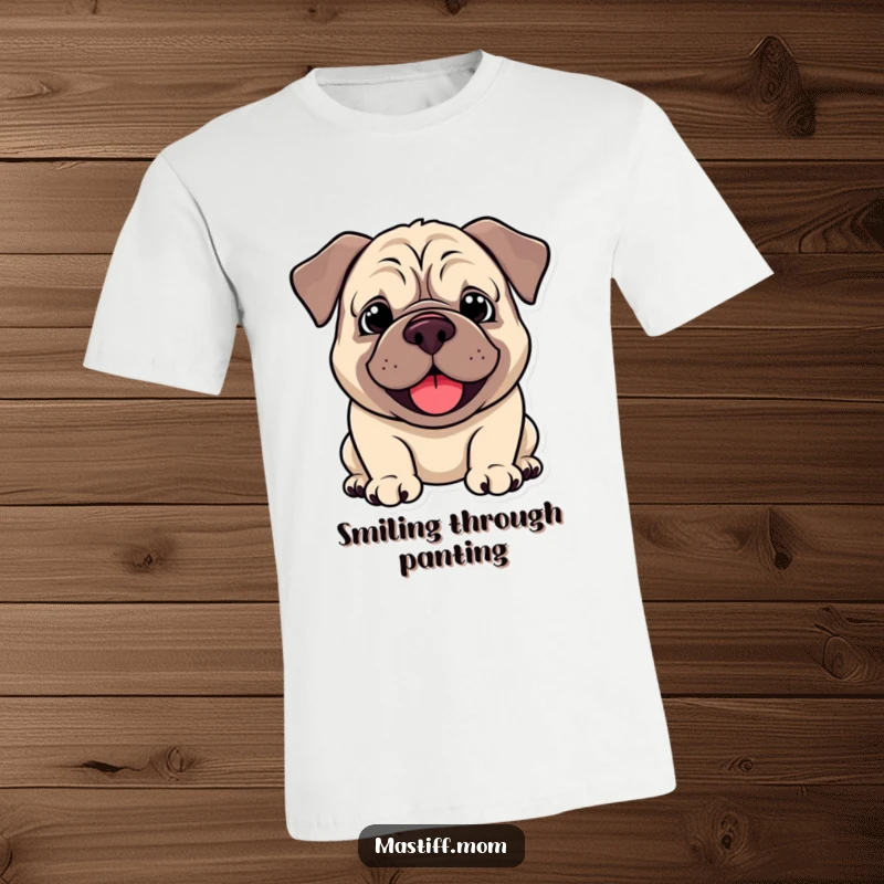Funny Kawaii Mastiff T-Shirt, displaying a happy droopy smile and panting joyfully, perfect for dog lovers. A comfortable and humorous wearable.