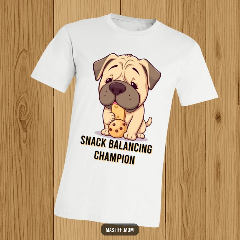Funny Kawaii Mastiff T-Shirt: A cute, plump mastiff focused on balancing a single treat on its nose, looking determined.