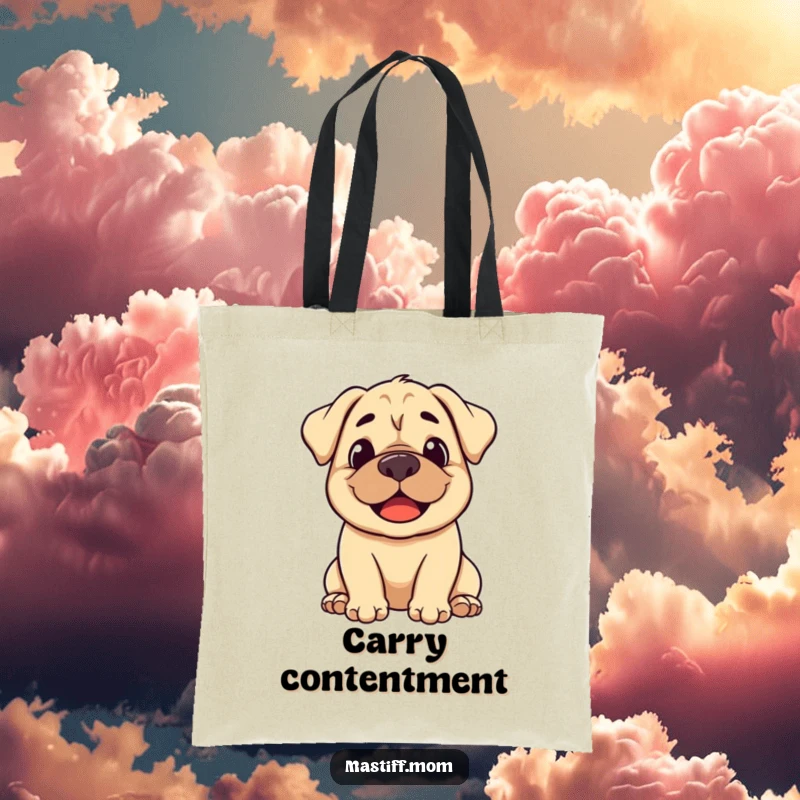 Funny stylized Mastiff tote bag with a smiling dog letting out a peaceful, happy sigh.