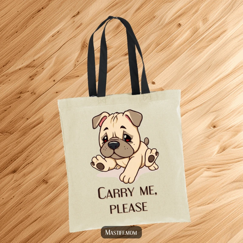 Funny Kawaii Mastiff Puppy Tote Bag showing a cute, clumsy dog tripping, perfect for carrying essentials with humor.