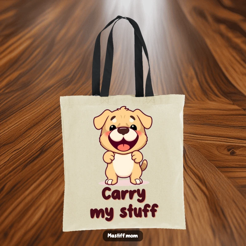 Funny Mastiff Tote Bag depicting a cute, joyful, and protective Mastiff character in a loving pose.