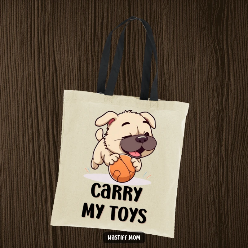Funny Mastiff dog playfully chasing a rolling ball, suitable for carrying pet supplies on a tote bag.