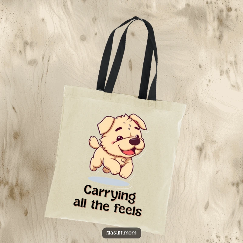 Funny Kawaii Mastiff tote bag featuring a clumsy dog joyfully bounding forward, perfect for carrying groceries or daily necessities with a smile.