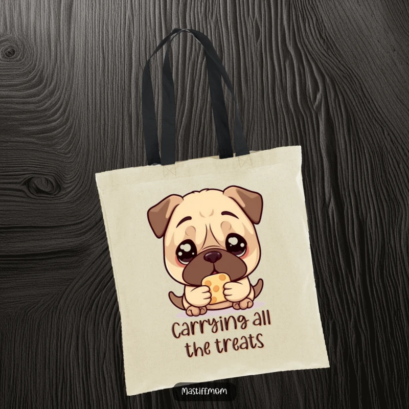 Funny Mastiff Treat Tote Bag, featuring a kawaii mastiff with large, pleading eyes, holding a single treat, ideal for everyday use.